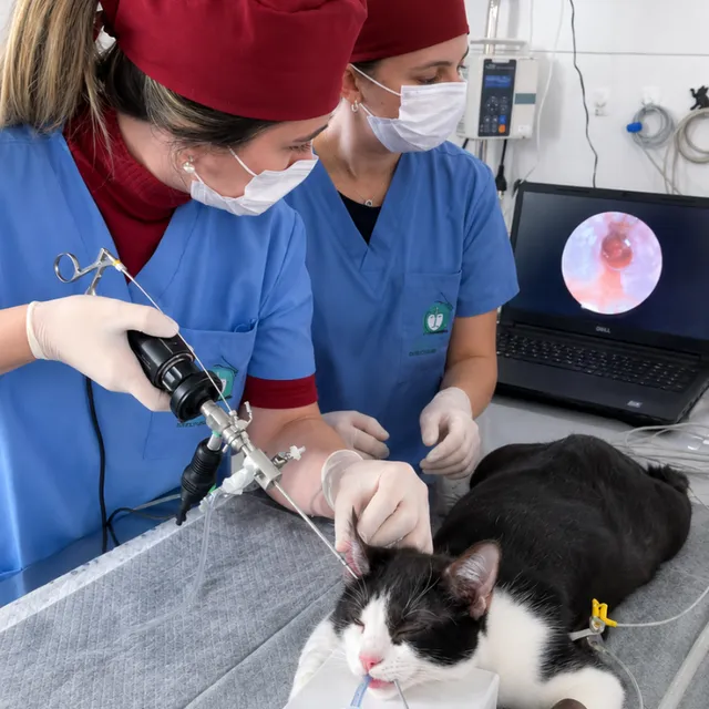 Equipe da Pet Home realizando otoendoscopia em um gato, com o monitor mostrando a imagem do conduto auditivo em tempo real